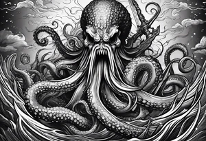 Kraken octopus tentacles grabbing Poseidon thrusting trident into monster deep ocean stormy tattoo idea