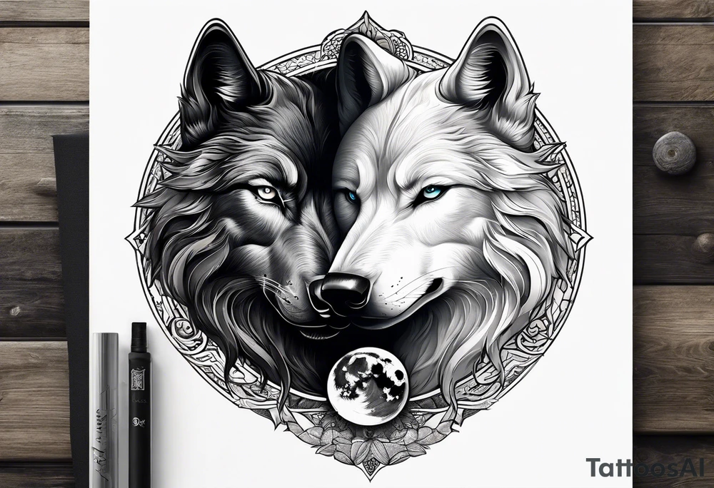 black wolf and white wolf in a ying yang style tattoo idea