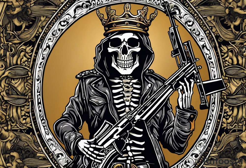 image of a skeleton standing frontally with a crown on his head, holding an AK-47 on his shoulder with his right hand. The chain on the left should be taut, there are three angry barking Dobermans in it, near the waist tattoo idea