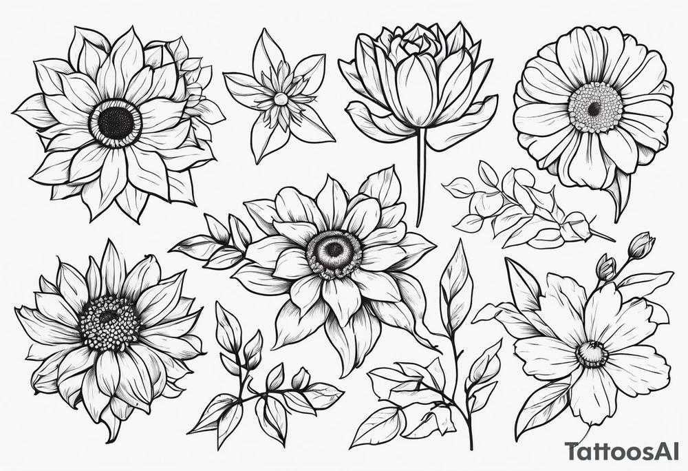 Sunflower daffodil, daisy, rose, Adler, chrysanthemum, holly Birth flower tattoo idea