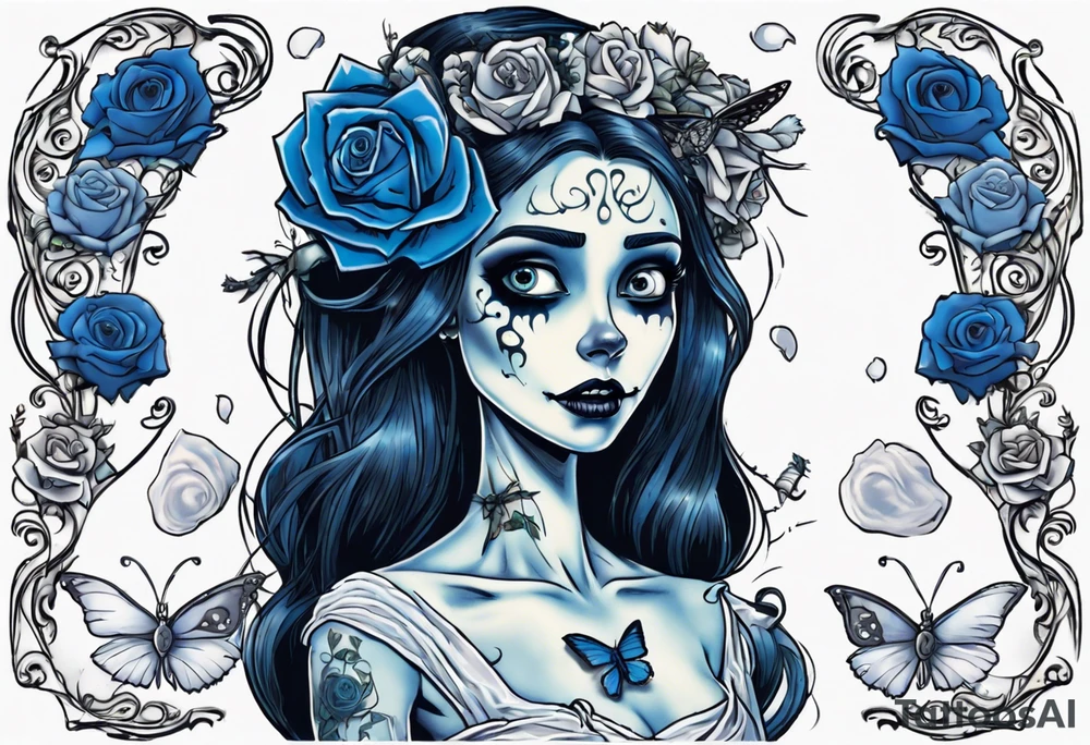 corpse bride Emily wearing a wedding dress. the vail on her head. she is holding a bouquet of blue roses in the middle of the bouquet  there is one white daisy. there is one blue butterfly flying around her. A full moon on the background. tattoo idea