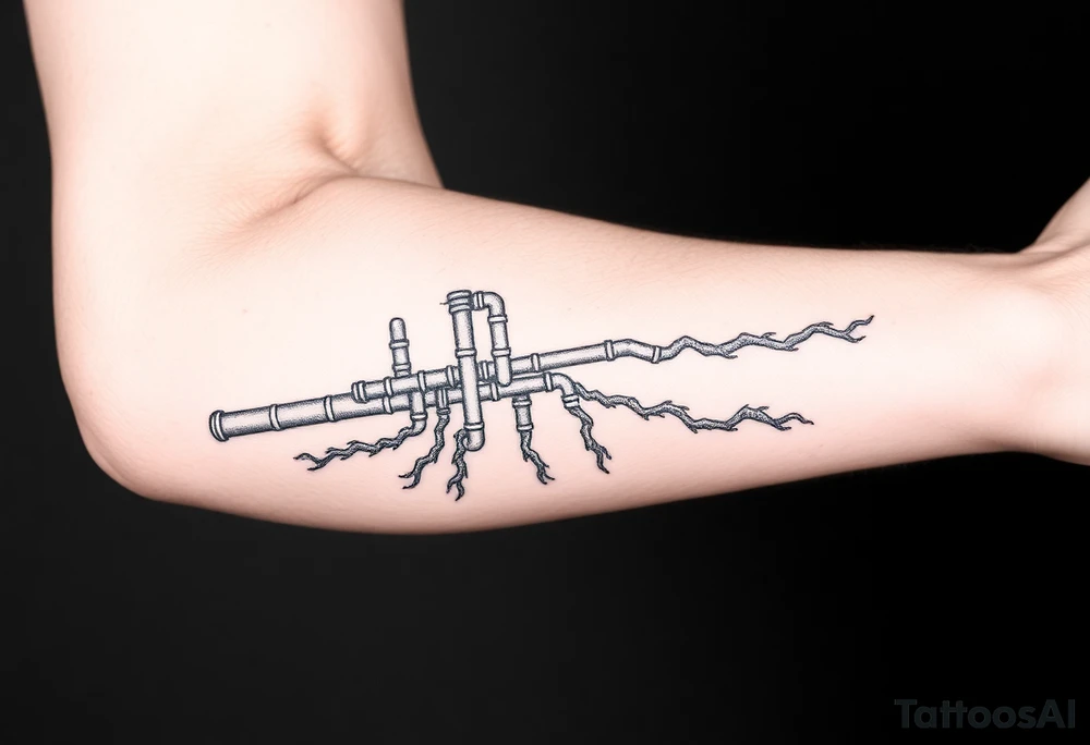 wide System of pipes that transitions and transforms outwards of sides and end into thick, widespread 
veins of forearm tattoo idea