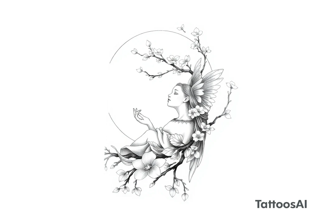 the sun or the moon being wrapped w cherry blossom tree with an angel laying on the moon or lookin at the sun holding its hand out tattoo idea