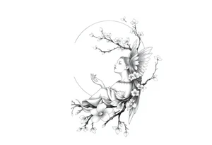 the sun or the moon being wrapped w cherry blossom tree with an angel laying on the moon or lookin at the sun holding its hand out tattoo idea