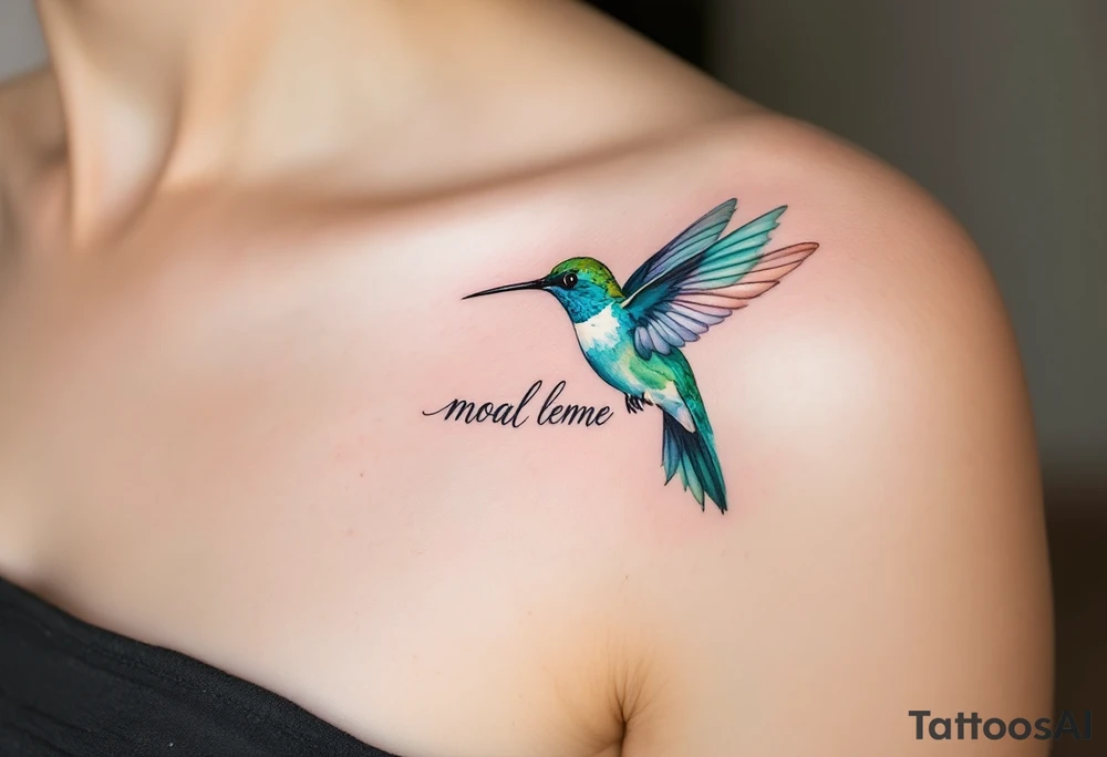 A delicate hummingbird in teal hovering near a child’s name in cursive reflects a mother’s ceaseless care and presence. tattoo idea
