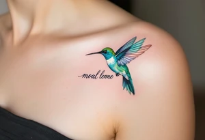 A delicate hummingbird in teal hovering near a child’s name in cursive reflects a mother’s ceaseless care and presence. tattoo idea