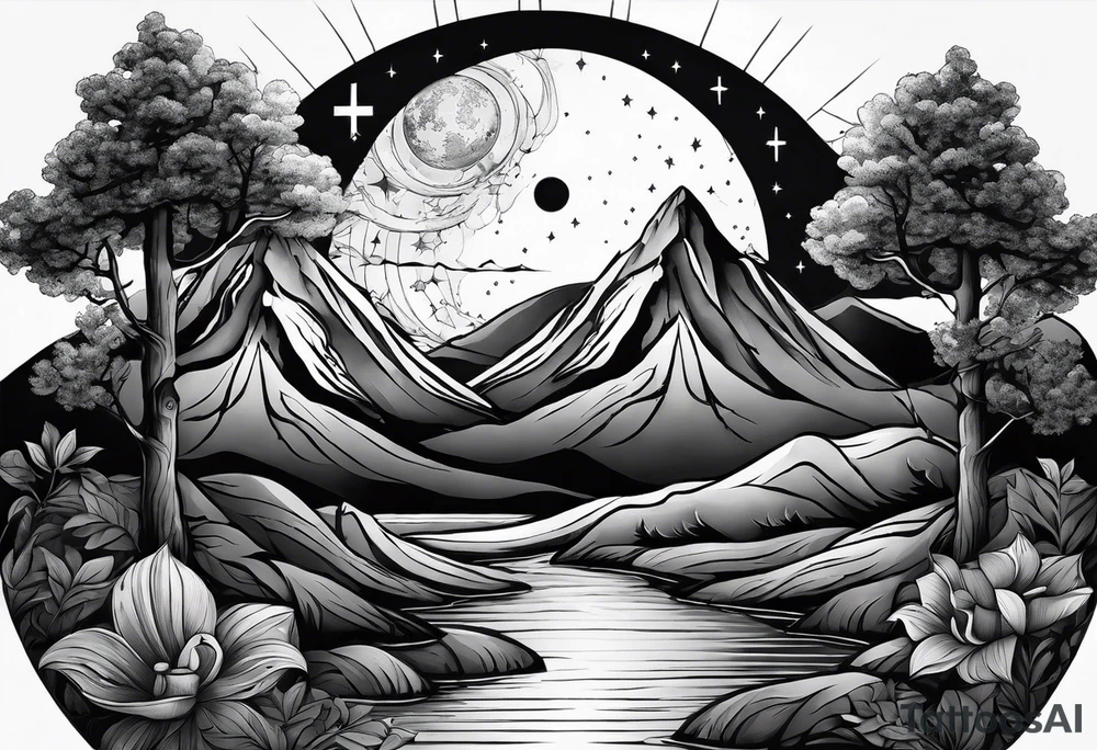 a family of three sitting in a nature with mountains, waterfall, water, and a cross in the background and a sun and moon in the sky with stars tattoo idea