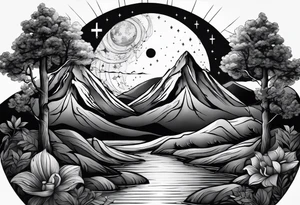 a family of three sitting in a nature with mountains, waterfall, water, and a cross in the background and a sun and moon in the sky with stars tattoo idea