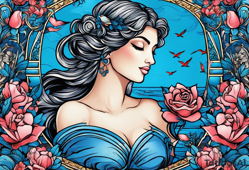 Aphrodite is the goddess of love, with a seaside background, surrounded by birds.. blue roses frames, background blue,present it in a, black hair, love motives, herat,motifs expressing love and the feeling of love tattoo idea
