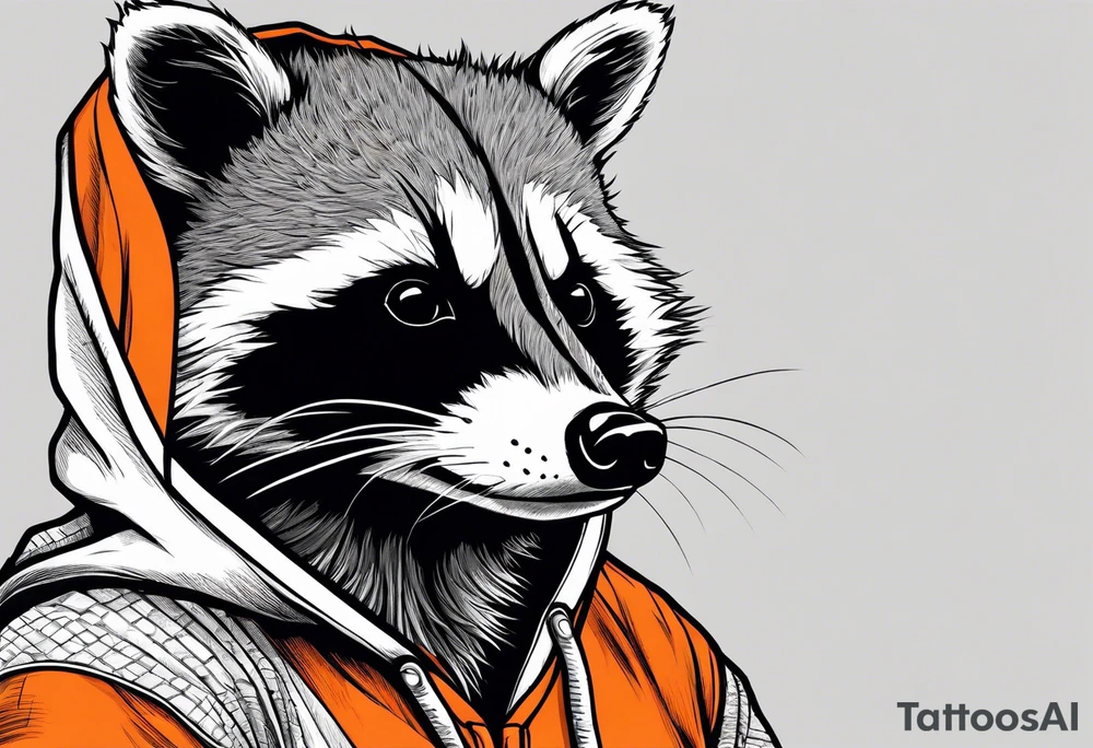 Raccoon wearing an orange Superman hoodie tattoo idea