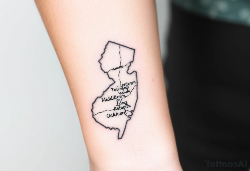 NJ shore map with Middletown Township, Long Branch, Asbury Park and Oakhurst tagged in tattoo idea