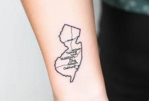 NJ shore map with Middletown Township, Long Branch, Asbury Park and Oakhurst tagged in tattoo idea