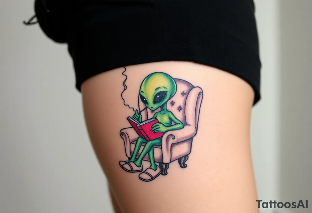 Alien with house slippers, reading a book, while smoking and sitting in a fluffy chair tattoo idea