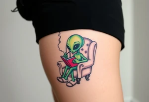 Alien with house slippers, reading a book, while smoking and sitting in a fluffy chair tattoo idea