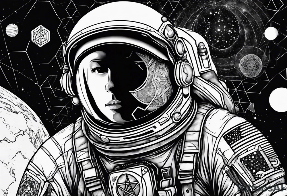 Astronaut floating in space with sacred geometry and hexagonal shapes tattoo idea Astronaut floating in space with sacred geometry and hexagonal shapes tattoo idea