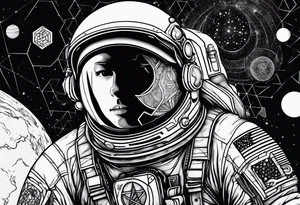 Astronaut floating in space with sacred geometry and hexagonal shapes tattoo idea