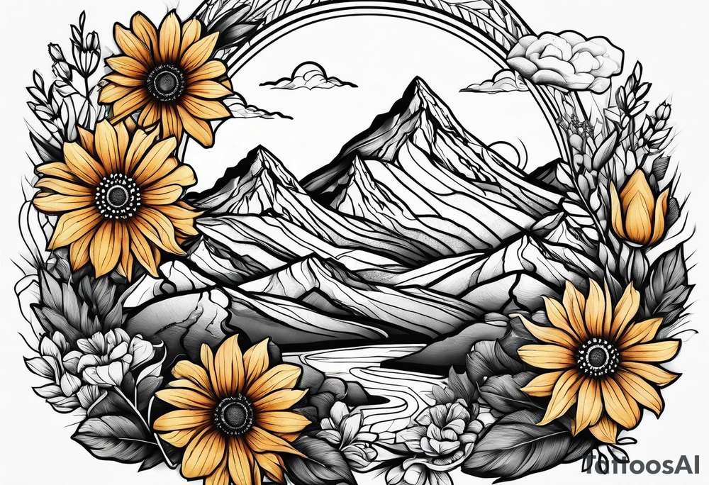 mountains, sun, wildflowers tattoo idea