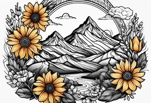 mountains, sun, wildflowers tattoo idea