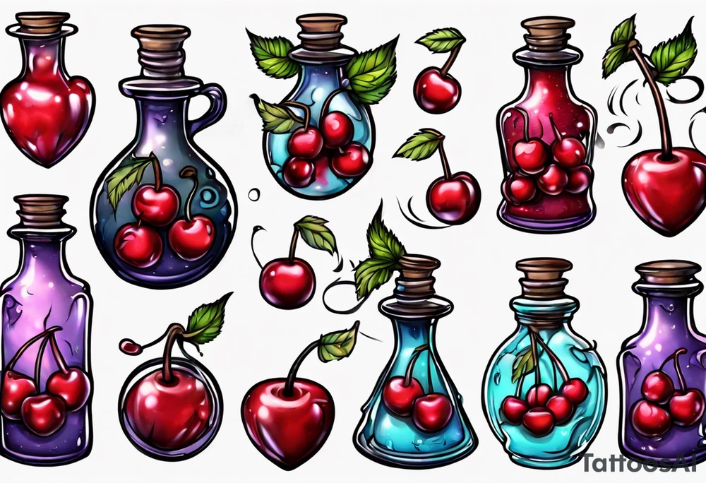 potion bottle with cherries inside tattoo idea