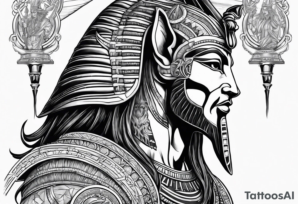 mix sleeve design of egyptian and greek mythology featuring anubis and poseidon tattoo idea