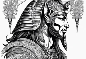 mix sleeve design of egyptian and greek mythology featuring anubis and poseidon tattoo idea