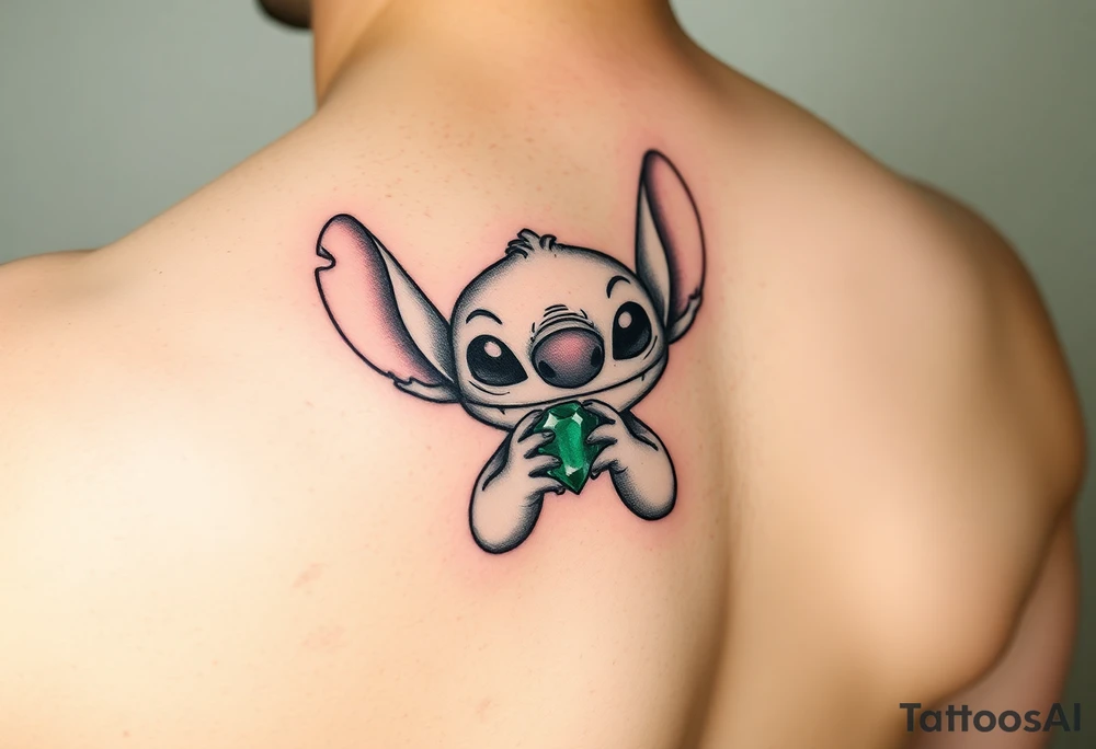 Stitch holding emerald birthstone tattoo idea