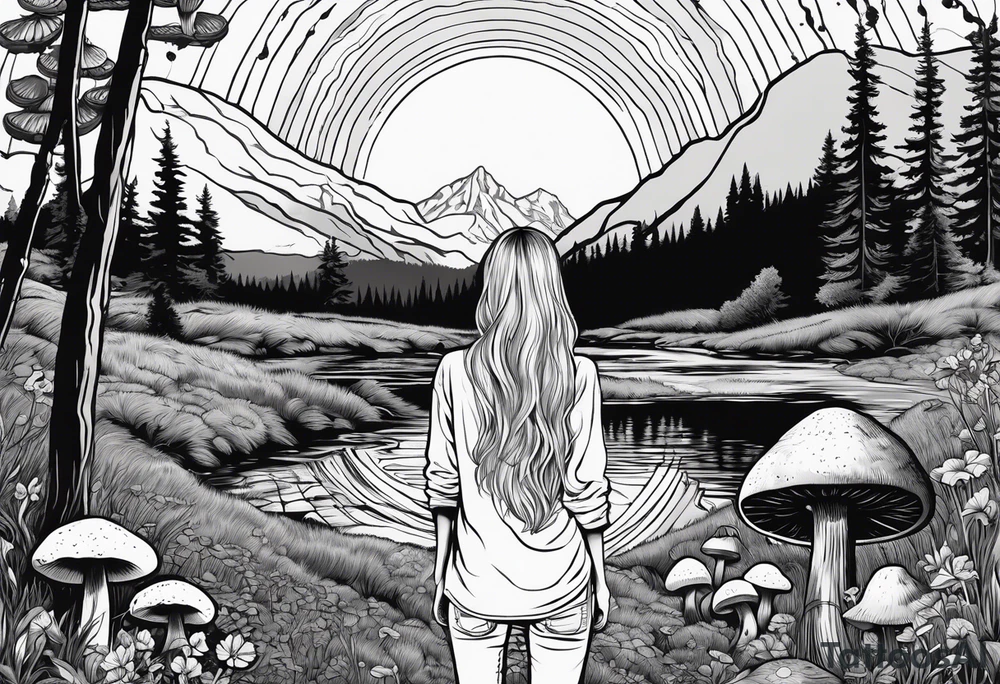 Whole picture encircled fully

Straight long blonde hair hippie girl in distance holding mushrooms in hand facing away toward mountains and creek surrounded by mushrooms long sleeve shirt and hiking pants; whole rendering within a full circle, no cut off circle tattoo idea