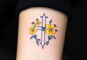 Yellow daisy Purple Hearts around a cross tattoo idea