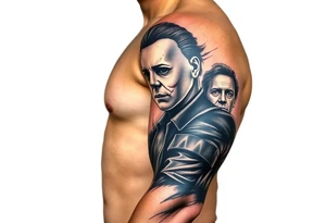 Horrormovie icon Michael Myers. Left arm. I want the other horror movie icons to be filler behind Michael Myers tattoo idea