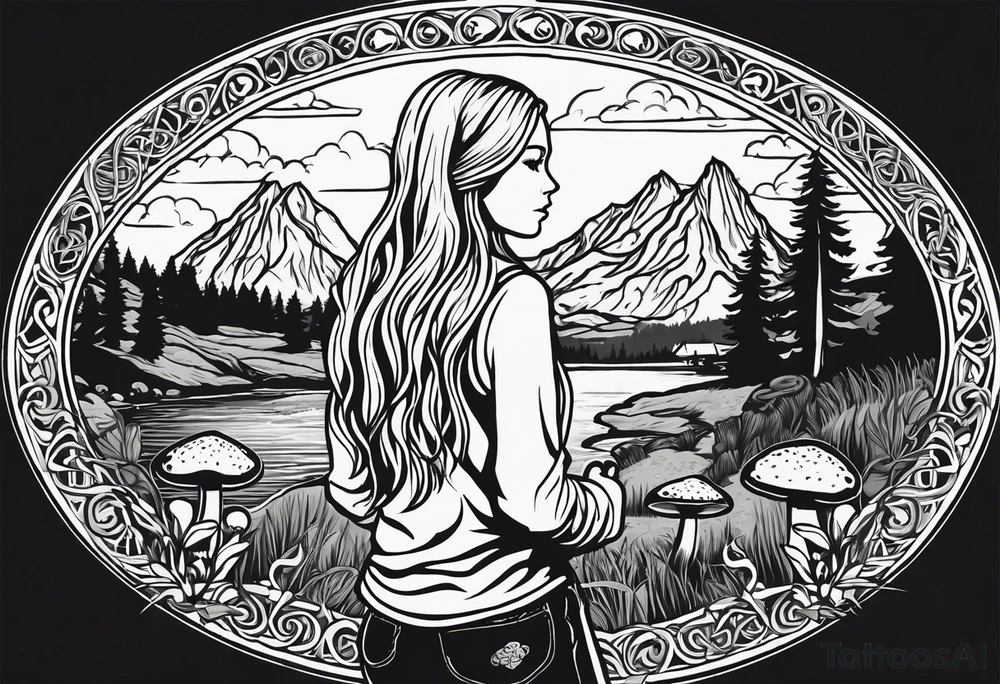Whole picture encircled fully

Straight long blonde hair hippie girl in distance holding mushrooms in hand facing away toward mountains and creek surrounded by mushrooms long sleeve shirt and hiking pants; whole rendering within a full celtic circle border, no cut off circle tattoo idea