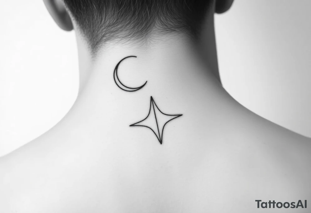 A minimalist crescent moon neck tattoo with a sleek, modern design. The crescent moon is positioned at the top, curving to the left, with a thin, clean line. Below the moon, there is a vertical line intersected by a sharp, star-like shape with four points. The star shape has elongated top and bottom points, giving it a clean, symmetrical look. The tattoo is placed behind the ear, following the natural curve of the neck. The lines are crisp and delicate, creating a stylish, celestial vibe." tattoo idea