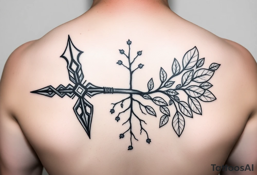 A broken spear with roots growing through it, tribal blackwork style, symbolizing healing through soul, not ego. 
One side traditional tribal pattern (e.g. Polynesian spear motifs), the other cracked but reforged with symbols of soul: leaves, stars, or water. tattoo idea