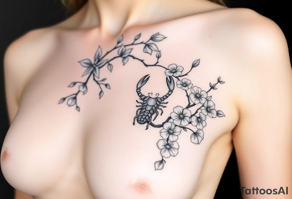 Body of a woman forming a blossoming peach tree with a Scorpio on a branch and morning glories & cosmo flowers underneath tattoo idea