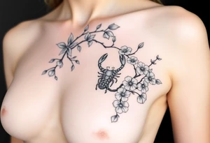 Body of a woman forming a blossoming peach tree with a Scorpio on a branch and morning glories & cosmo flowers underneath tattoo idea