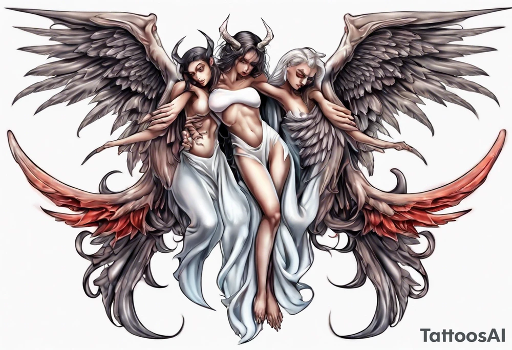 Demon and angel holding each other. He has angel wings, she has demon wings. tattoo idea