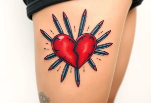 Red Broken hearts surrounded by blue bullets tattoo idea