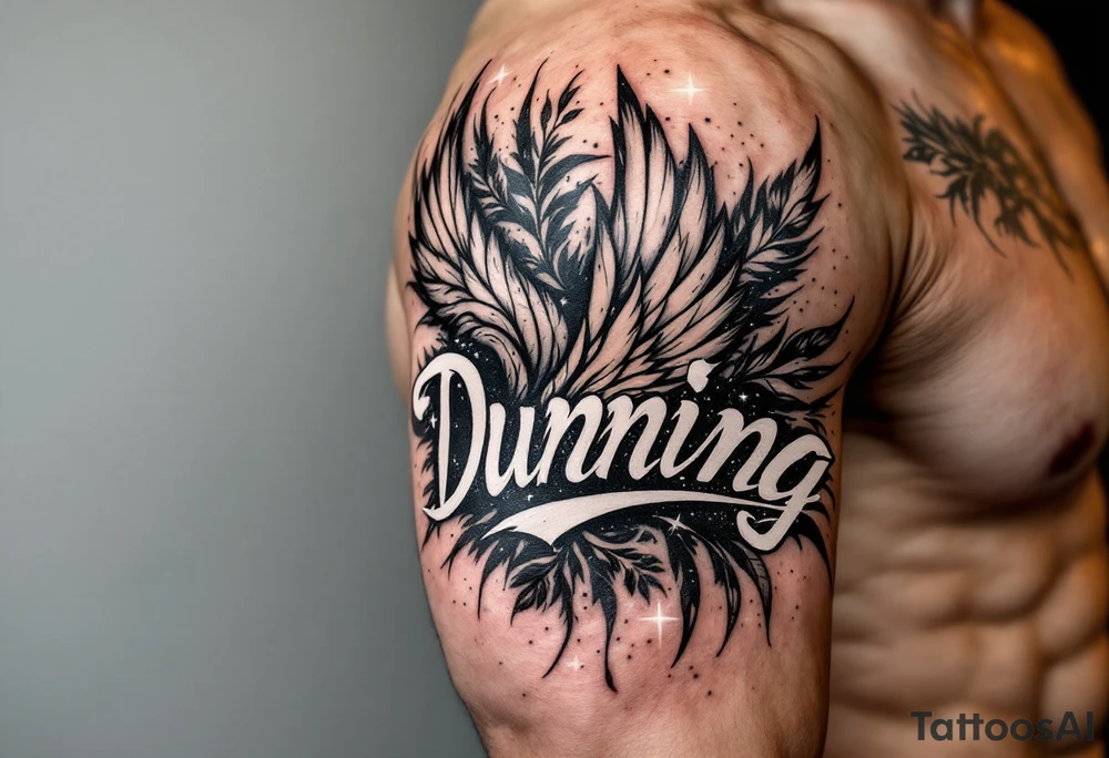 Dunning, Details include on left arm, name in white color,angel wing, wet jungle leaves,cool font, galaxy background filling, tattoo idea