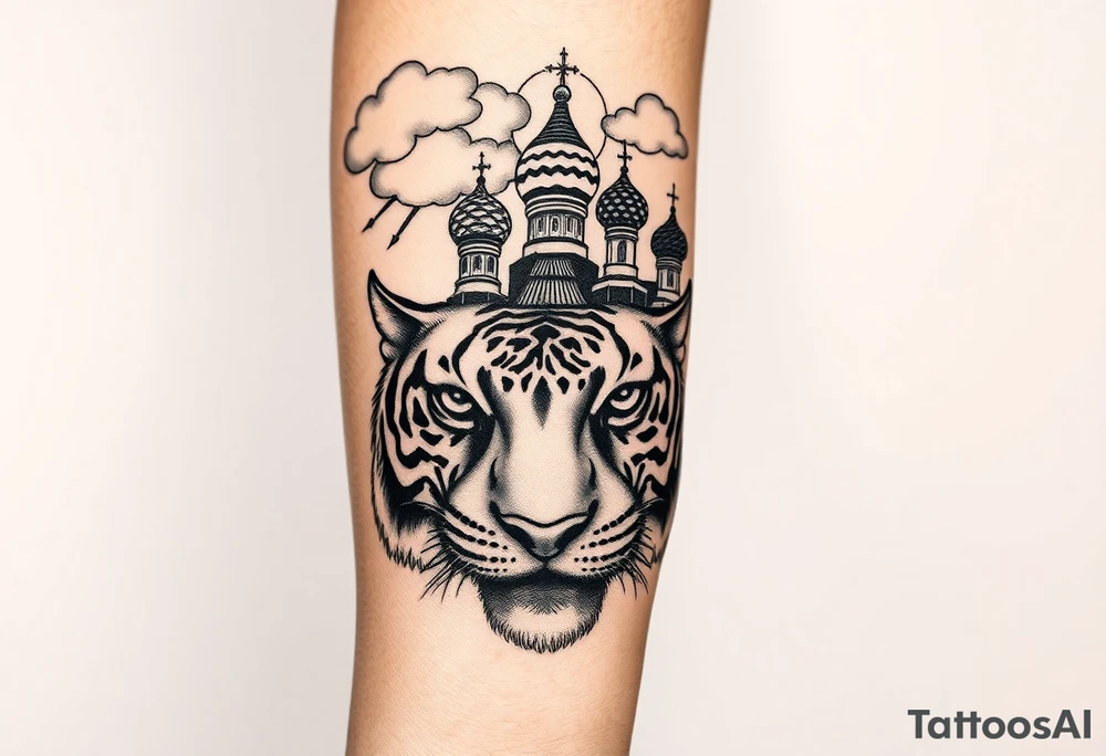 Realistic tiger face on the back of the hand with strong contrast and fine detail with hollow black eyes. with a highly detailed Russian Orthodox cathedral sitting above on fore arm with onion domes and orthodox crosses, done in fine line, engraving-like style. Cohesive composition, black ink only, no color, high contrast, slightly aged, documentary-style, plain light background. with clouds above and a virgin mary 
spanning from my hand to lower fore arm tattoo idea