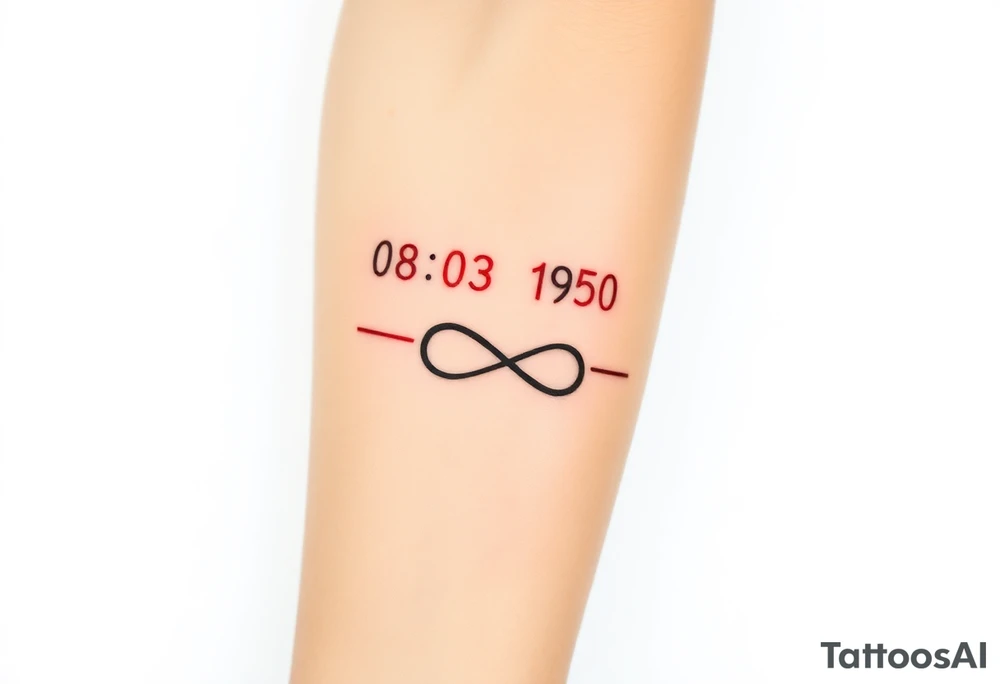 “Quero uma tatuagem no antebraço, simples e pequena. Deve ter a data de nascimento do meu avô 08/03/1950 escrita em vermelho, seguida de um traço reto e, à frente, o símbolo de infinito em preto com detalhes em branco. O design deve ser minimalista, com letras elegantes e proporcionais, mantendo um aspeto discreto.” tattoo idea
