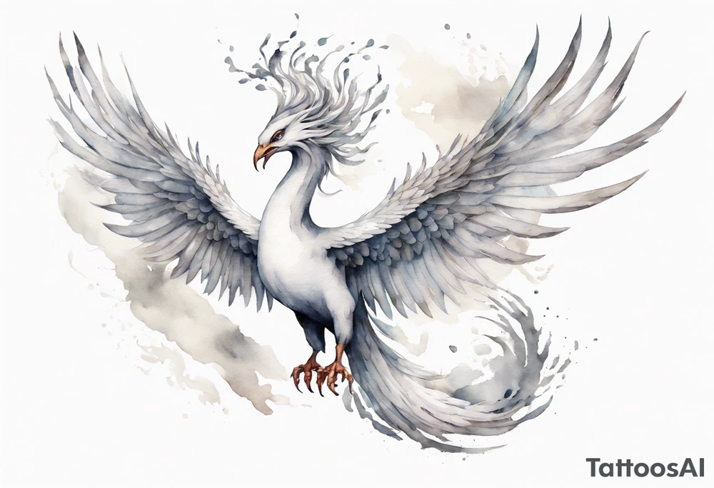 a white phoenix-serpent hybrid wearing a silver crown, flying in the air tattoo idea