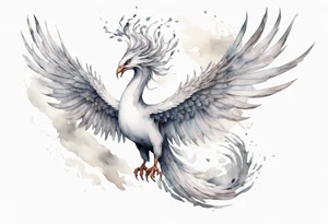 a white phoenix-serpent hybrid wearing a silver crown, flying in the air tattoo idea