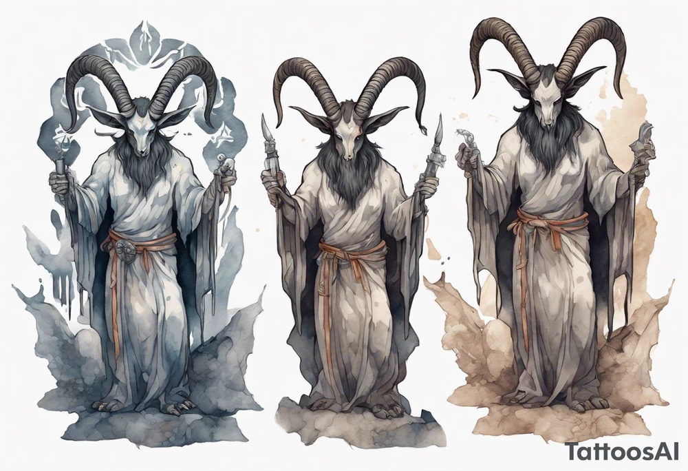 a broad-shouldered Baphomet wearing a grey tunic standing before a cave tattoo idea