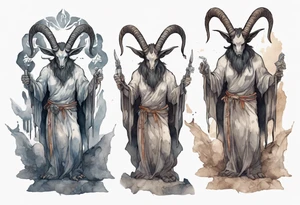 a broad-shouldered Baphomet wearing a grey tunic standing before a cave tattoo idea
