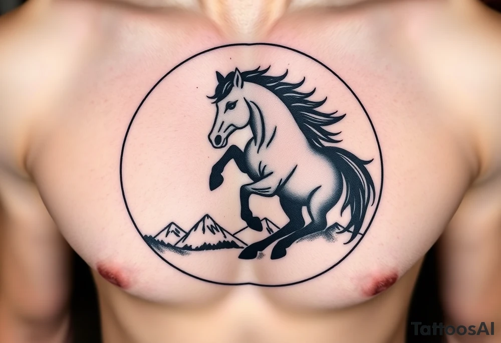 A golden mustang horse with black mane and legs, captured in motion inside a circle. The mountains and nature should frame the design, blending with the horse's black fur as a base to represent the landscape. Experiment with using the black fur to shape the mountains, playing with edges or interior details. tattoo idea