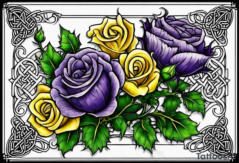 Purple thistle, yellow rose and shamrock with stems intertwined spelling KND in celtic lettering tattoo idea