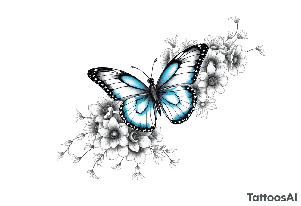 Sleeve/ floral with vines roses and daises large bright blue monarch in center of forearm with floral extending from wrist to mid bicep children’s names written with vines “ amber, Zachary, Justin, Harper, Vivian “ ARM SLEEVE tattoo idea