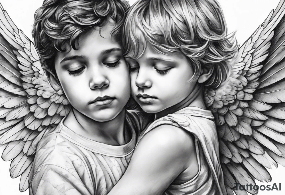 Angel covering a boy with her wings for shelter tattoo idea