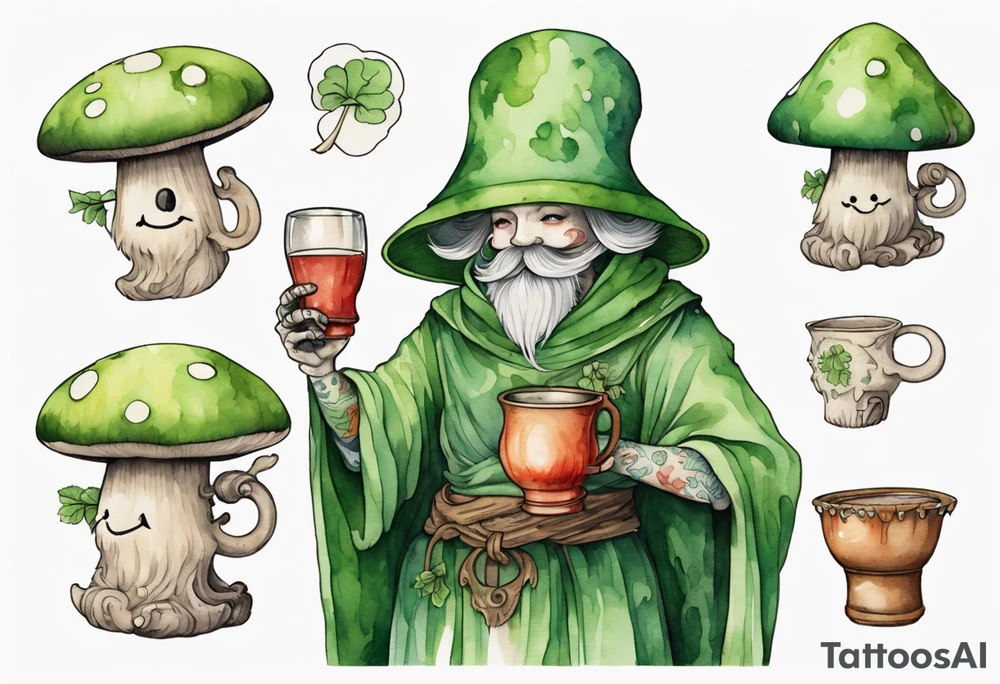 a mushroom person with a smiling green furry face wearing a medieval tunic drinking from a wood cup tattoo idea