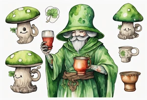 a mushroom person with a smiling green furry face wearing a medieval tunic drinking from a wood cup tattoo idea