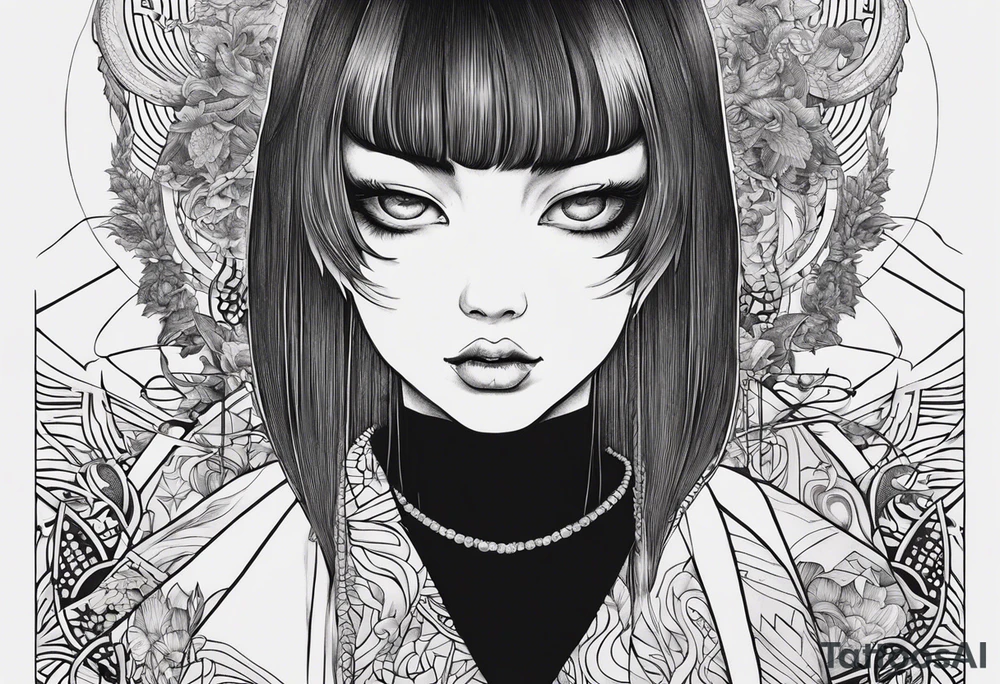 Une image style tattoo du personnage Tomie de Junji ito avec des détails lié a son univers sur les cotés comme des spira tattoo idea